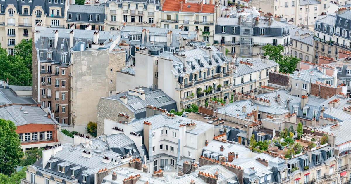 Vue aérienne des toits en zinc de Paris, quartiers denses vus du dessus